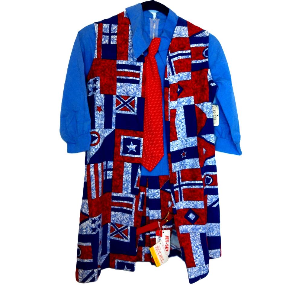Vtg Jet Set Girls Two Piece Dress Nautical Flag Print Patchwork Retro Size 14